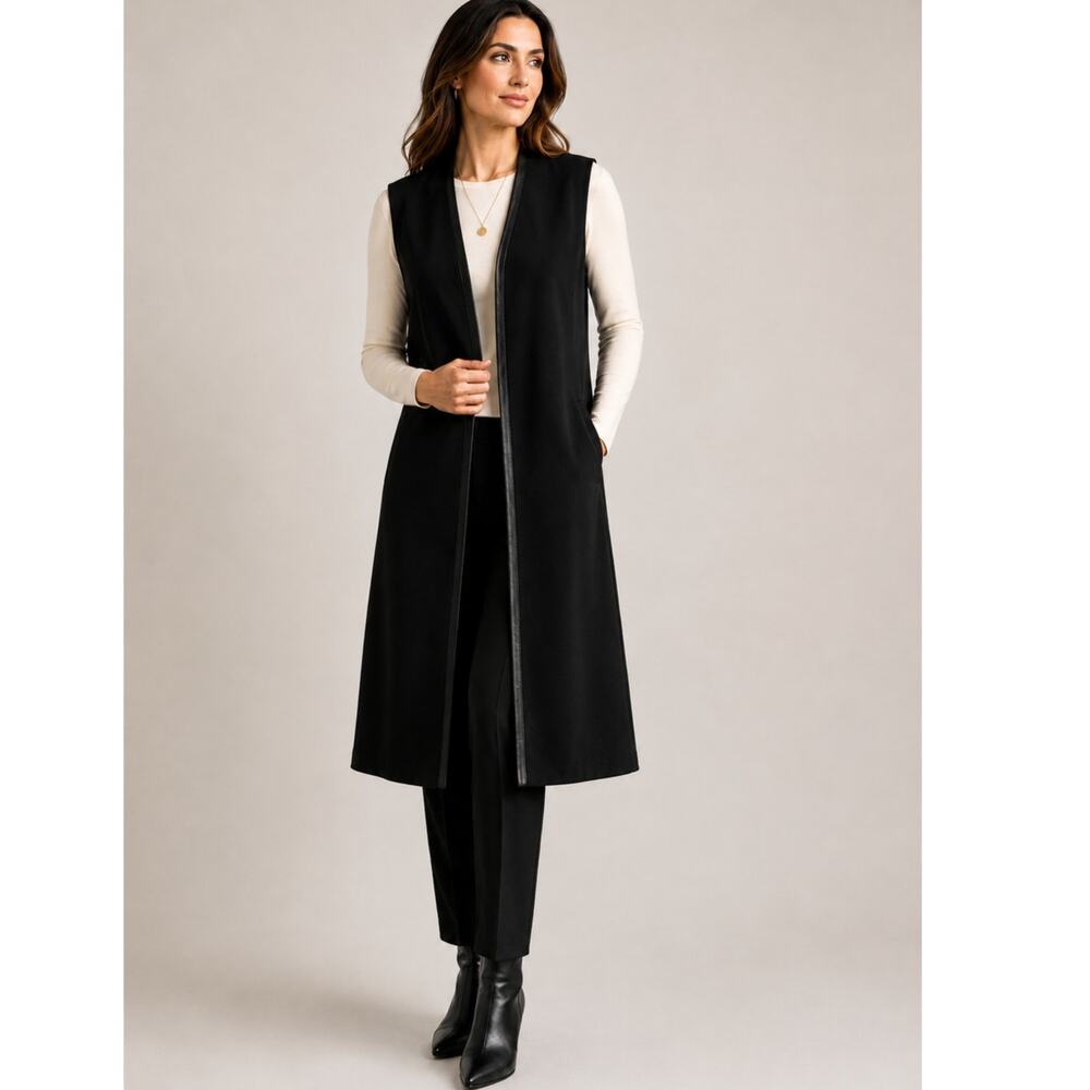 NEW (No Belt) ST. JOHN Medium Wool Blend Knit Long Vest Coat Dress Leather Trim